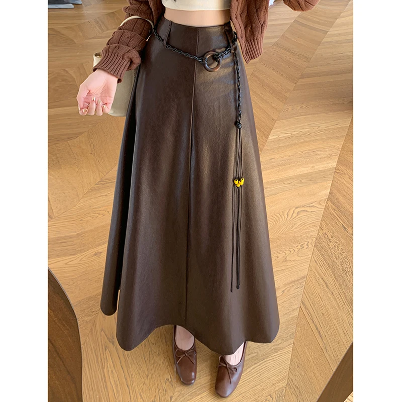 Vintage Stylish Lace-up Faux Leather Skirt Women High Waist A-Line PU Skirt Female Autumn Winter Long Skirt Black Coffee 
Vintage Stylish Lace-up Faux Leather Skirt Women High Waist A-Line PU Skirt Female Autumn Winter Long Skirt Black Coffee