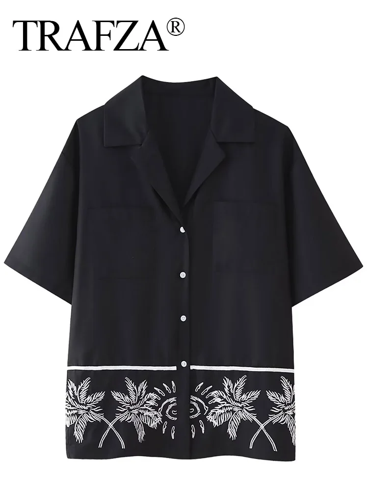 TRAFZA Women's Fashion Embroidered Half Sleeve Single Breasted Turn Down Collar Shirt Female Chic Elegant Black Pocket Blouse
TRAFZA Women's Fashion Embroidered Half Sleeve Single Breasted Turn Down Collar Shirt Female Chic Elegant Black Pocket Blouse