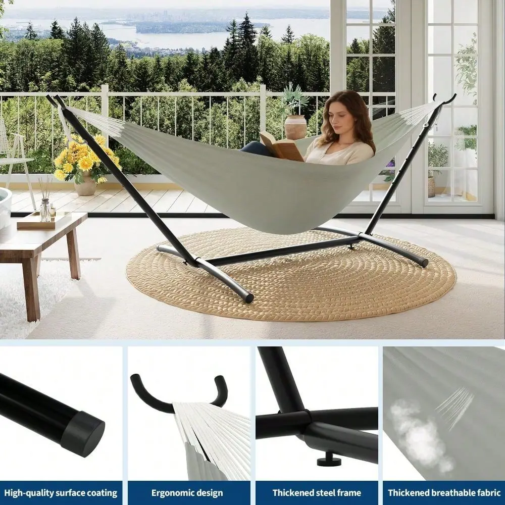 Double Hammock With Steel Stand Outdoor Patio Garden Hammock, SpaceSaving Portable Design, 450lb Capacity, Includes Carry Bag A
Double Hammock With Steel Stand Outdoor Patio Garden Hammock, SpaceSaving Portable Design, 450lb Capacity, Includes Carry Bag A