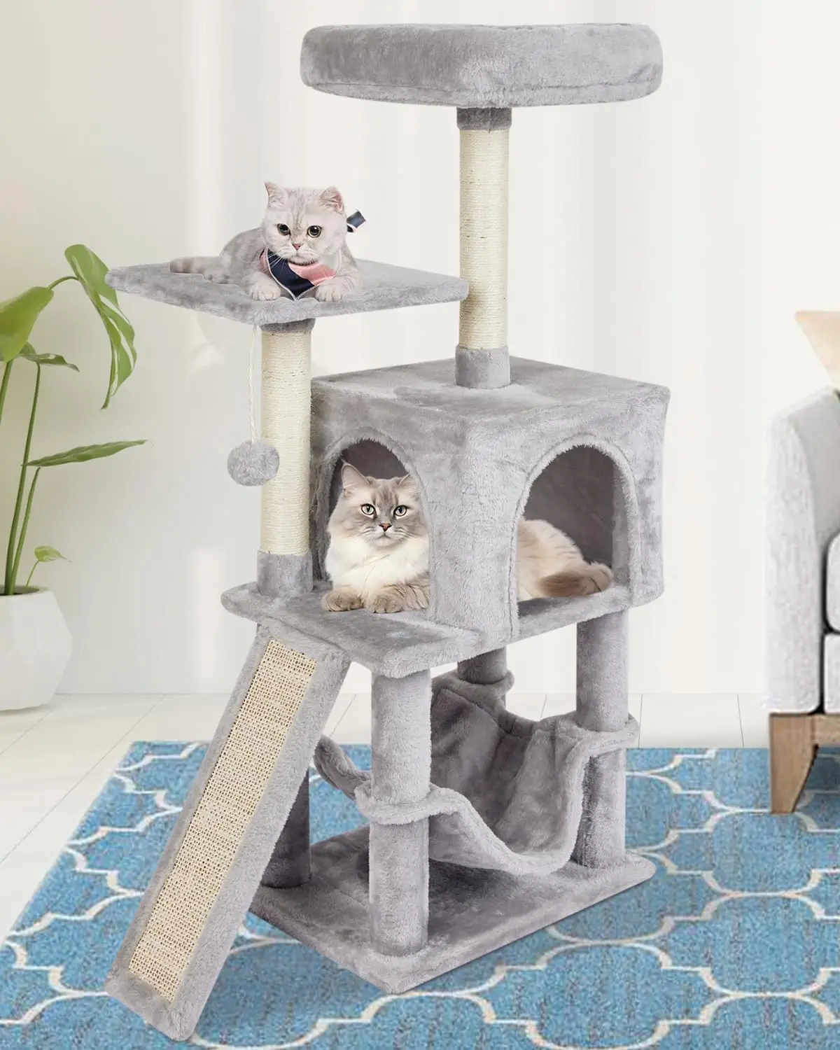 Grey Cute Cat Tree for Indoor Cat Tower with Scratching Post Modern Activity House Hammock Hanging Ball Condo with Board
Grey Cute Cat Tree for Indoor Cat Tower with Scratching Post Modern Activity House Hammock Hanging Ball Condo with Board
