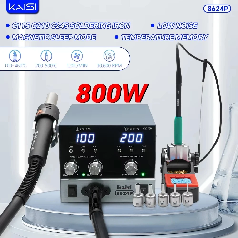 Kaisi 8624P 2 IN 1 800W Hot Air Gun BGA Rework Station SMD Soldering Iron 210 Handle Desoldering Station Display Welding Tool
Kaisi 8624P 2 IN 1 800W Hot Air Gun BGA Rework Station SMD Soldering Iron 210 Handle Desoldering Station Display Welding Tool