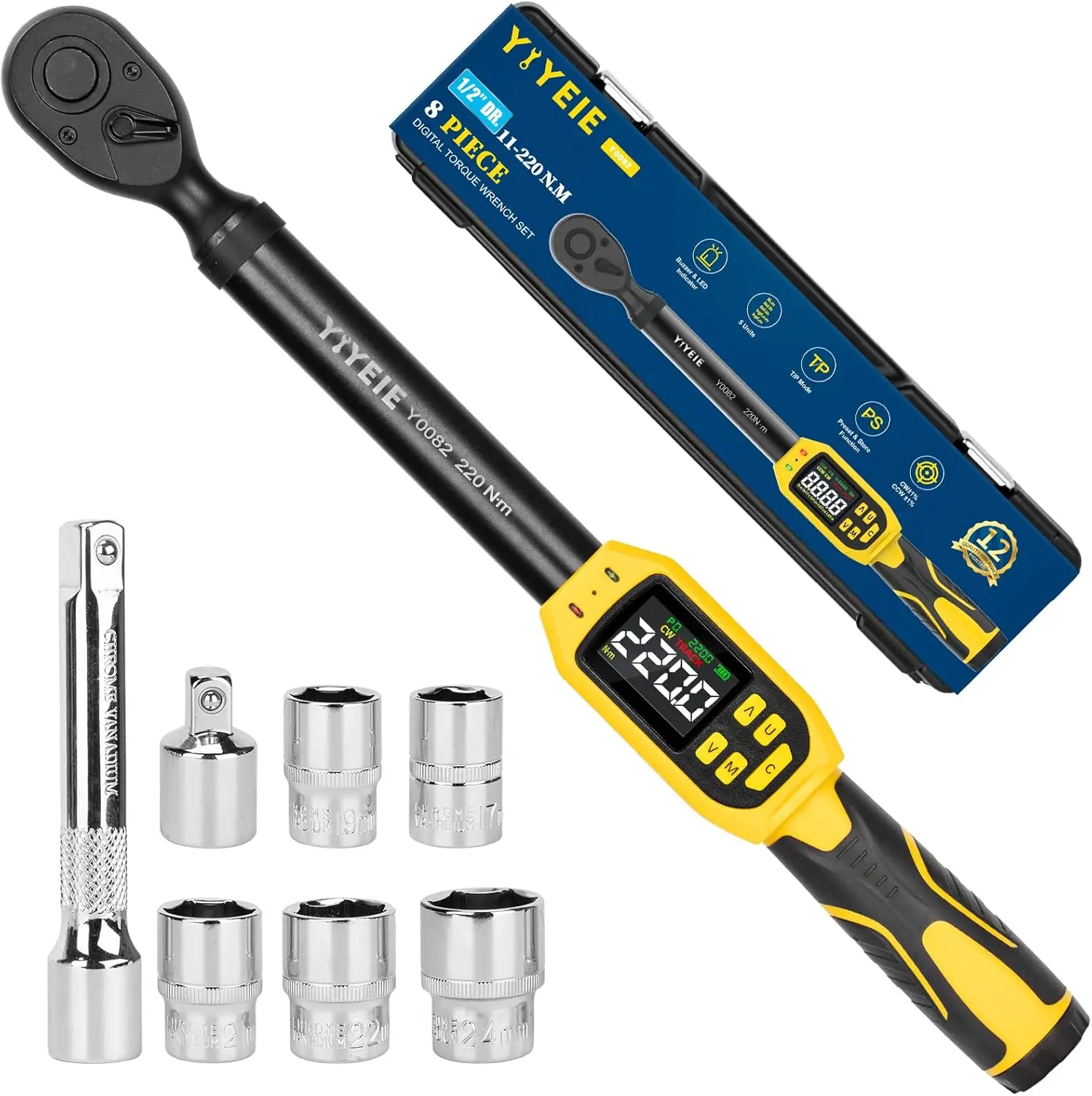Digital Torque Wrench 1/2" Drive, 8.5-160 Ft-lb/10-220 N.m, ±1% Accuracy, Electronic Torque Tool with Buzzer and LED Alert, 8-Piece Set with Sockets for Car and Motorcycle Repair
Digital Torque Wrench 1/2" Drive, 8.5-160 Ft-lb/10-220 N.m, ±1% Accuracy, Electronic Torque Tool with Buzzer and LED Alert, 8-Piece Set with Sockets for Car and Motorcycle Repair