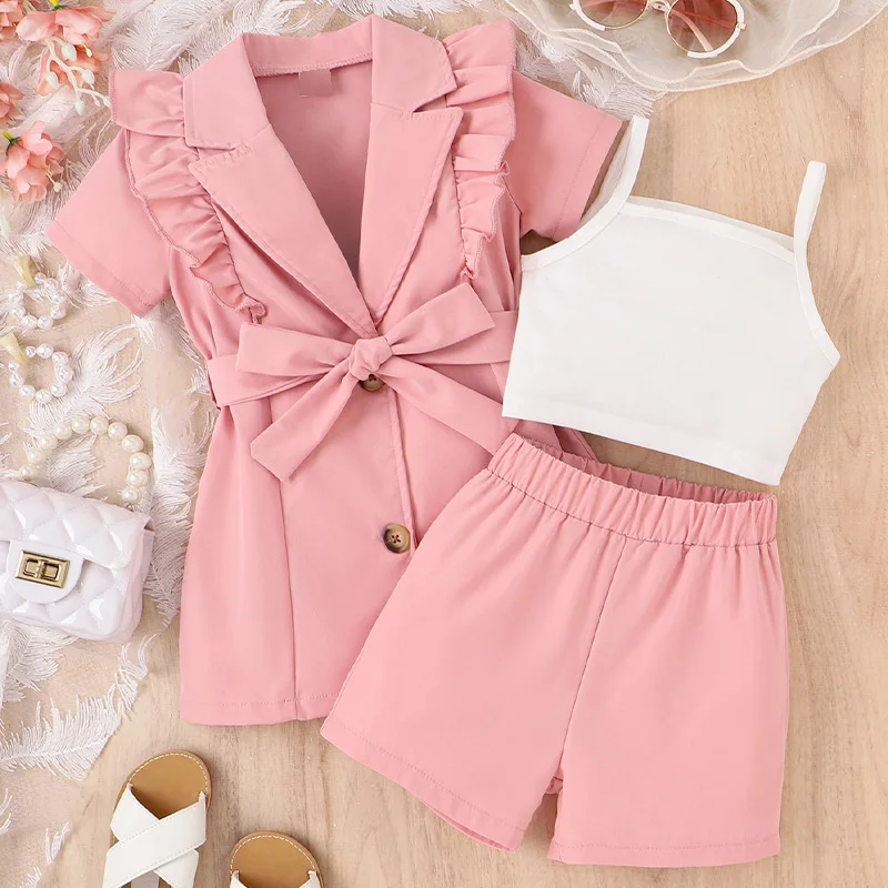 Children's Spring Summer Toddler and Little Girl Strap Solid Color Short Sleeve Lapel Blazer Shorts Three-Piece Set Girls' Outfi
Children's Spring Summer Toddler and Little Girl Strap Solid Color Short Sleeve Lapel Blazer Shorts Three-Piece Set Girls' Outfi