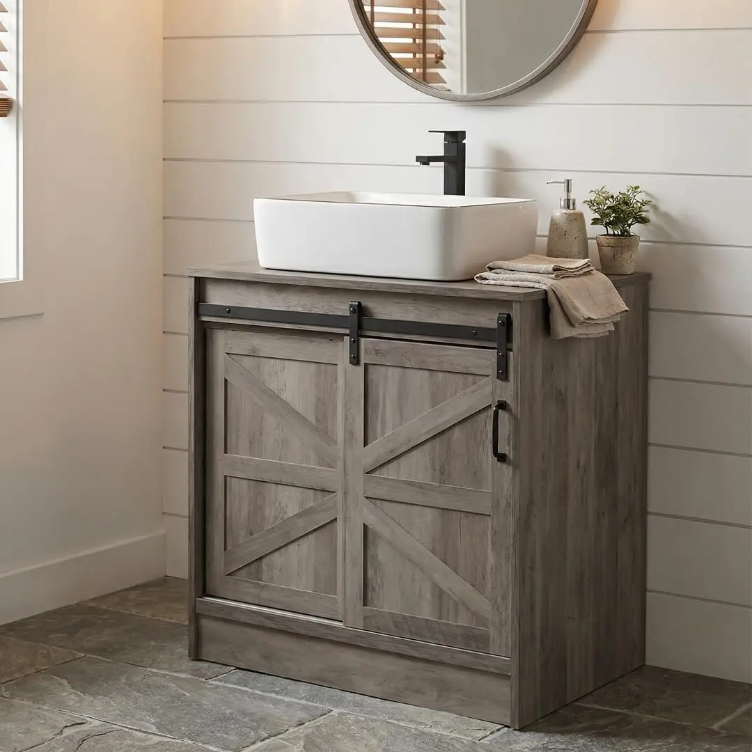 30" Farmhouse Bathroom Vanity Cabinet with White Ceramic Vessel Sink, Customized
30" Farmhouse Bathroom Vanity Cabinet with White Ceramic Vessel Sink, Customized