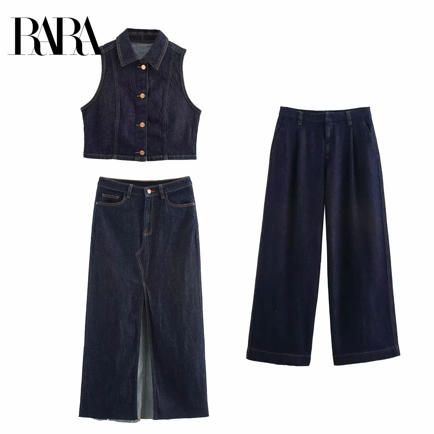 RARA 2025 Women's Three Piece Set Denim Sleeveless Jacket Maxi Skirt with Slit and Wide Leg Trousers for Daily Wear
RARA 2025 Women's Three Piece Set Denim Sleeveless Jacket Maxi Skirt with Slit and Wide Leg Trousers for Daily Wear