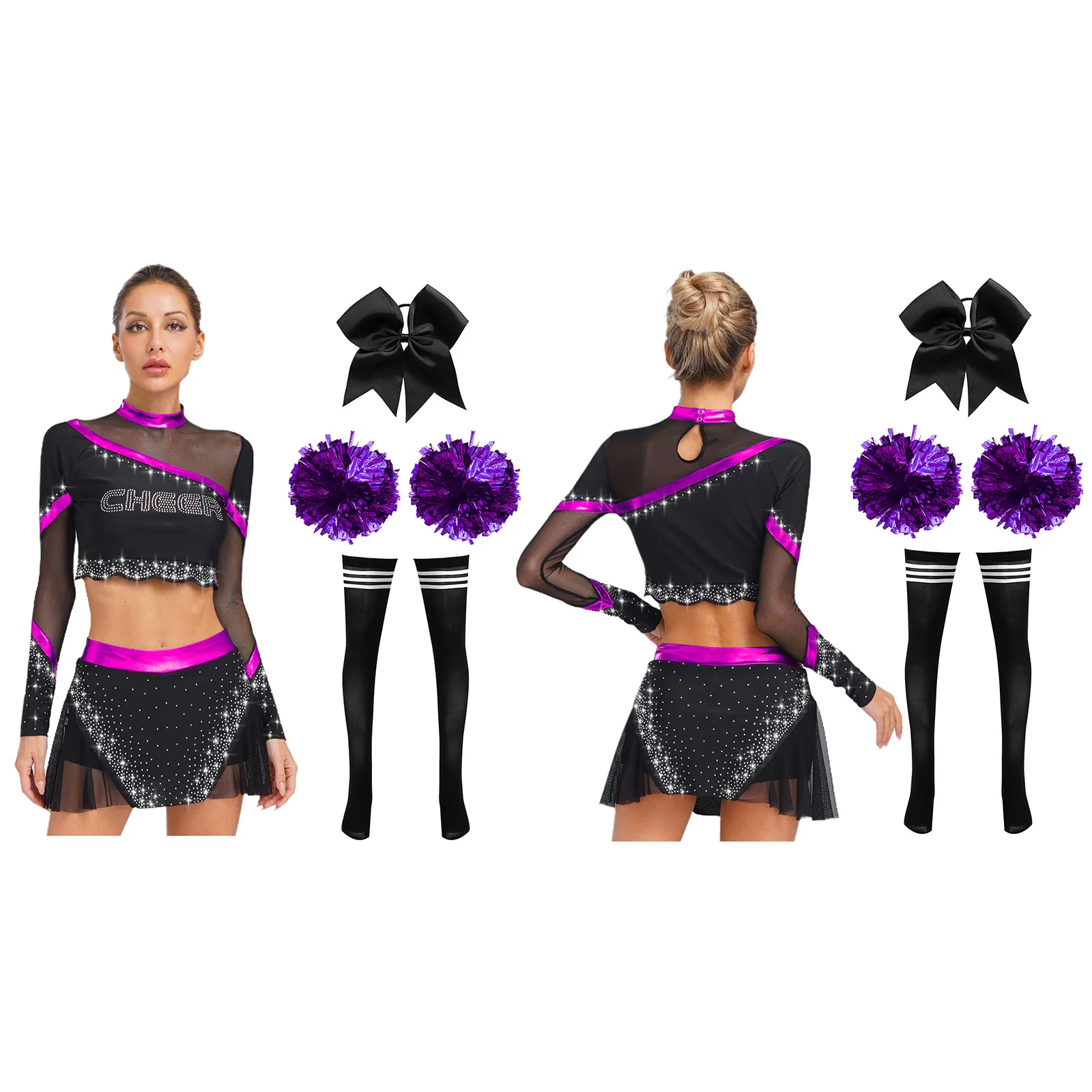 Women Schoolgirl 5Pcs Cheerleading Dance Outfit Long Sleeve Crop Tops with Skirt Striped Socks Flower Ball And Bow Hairband Set
Women Schoolgirl 5Pcs Cheerleading Dance Outfit Long Sleeve Crop Tops with Skirt Striped Socks Flower Ball And Bow Hairband Set
