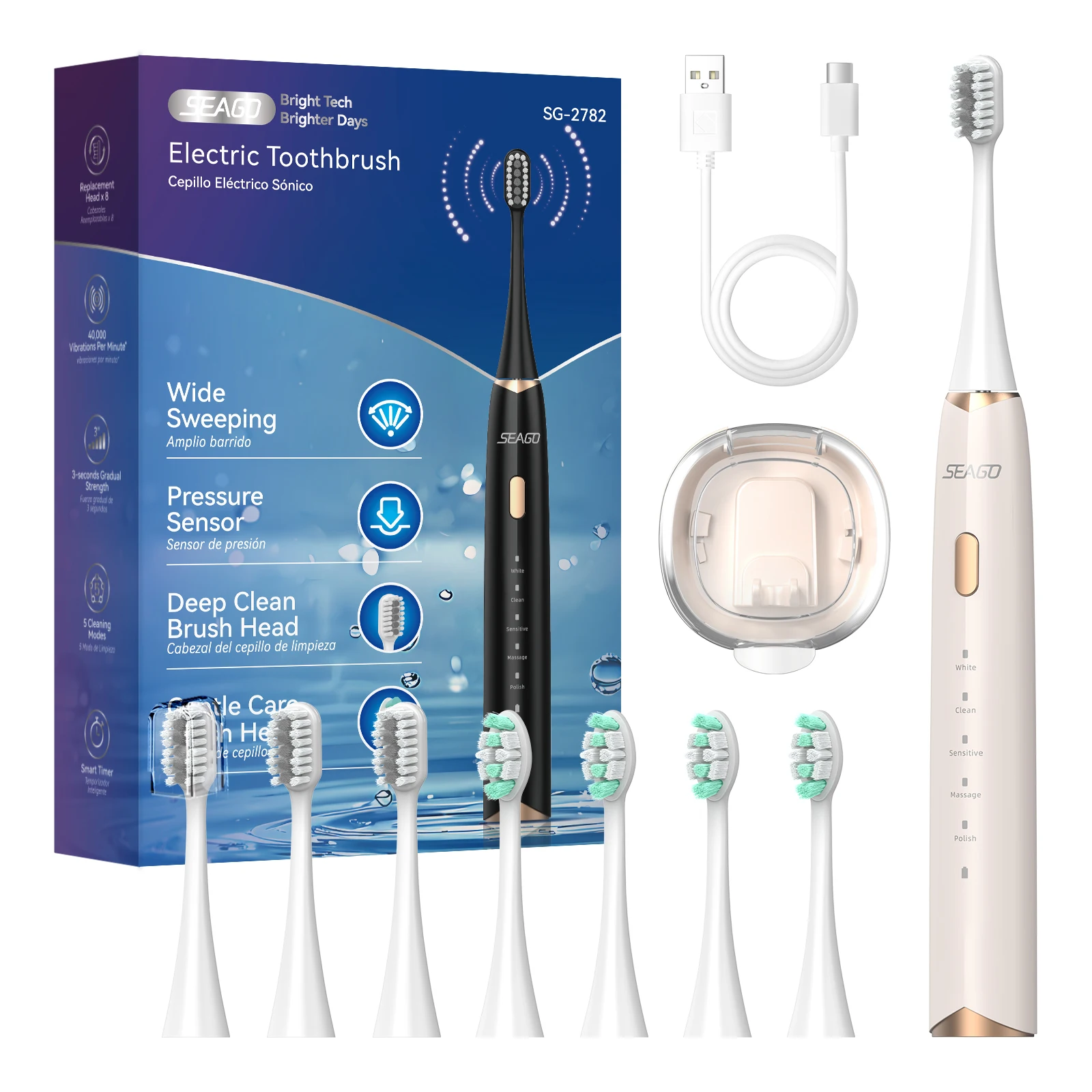 Seago Electric Toothbrush with 8 Replaceable Toothbrush Heads and Toothbrush Holder Pressure Sensor 5 Modes Smart Timer SG-2782
Seago Electric Toothbrush with 8 Replaceable Toothbrush Heads and Toothbrush Holder Pressure Sensor 5 Modes Smart Timer SG-2782