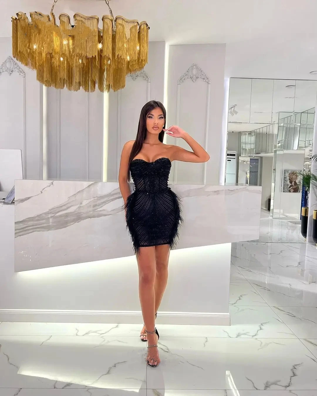 Moden Strapless Feather Beaded Pearl Mermaid Evening Dresses Prom Gowns Sequine Custom Made Cocktail Party Dresses
Moden Strapless Feather Beaded Pearl Mermaid Evening Dresses Prom Gowns Sequine Custom Made Cocktail Party Dresses