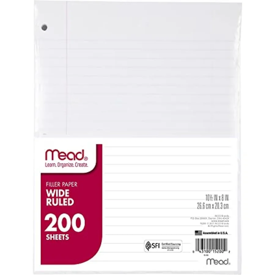 Loose Leaf Paper, Wide Ruled Filler Notebook Paper, 8" x 10-1/2",,Fits 3-Ring Binder 15200
Loose Leaf Paper, Wide Ruled Filler Notebook Paper, 8" x 10-1/2",,Fits 3-Ring Binder 15200