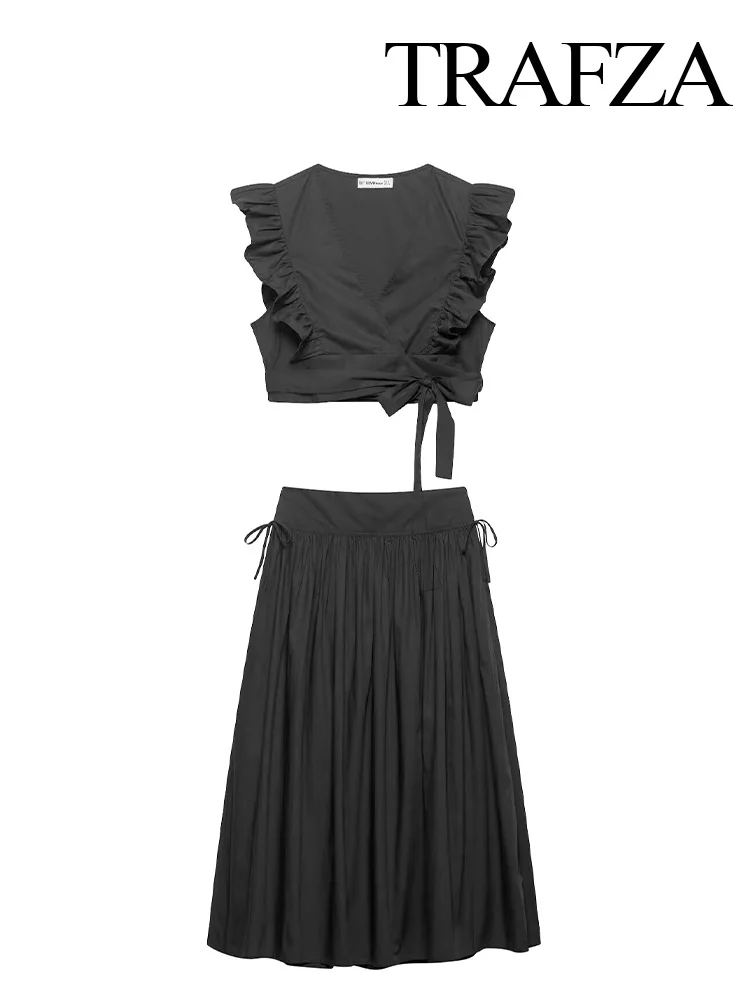 TRAFZA Summer Women Elegant Skirt Suit Bow Lace-up Black Sleeveless V-Neck Shorts Top+A-Line Side Zipper Pleated Midi Skirt
TRAFZA Summer Women Elegant Skirt Suit Bow Lace-up Black Sleeveless V-Neck Shorts Top+A-Line Side Zipper Pleated Midi Skirt