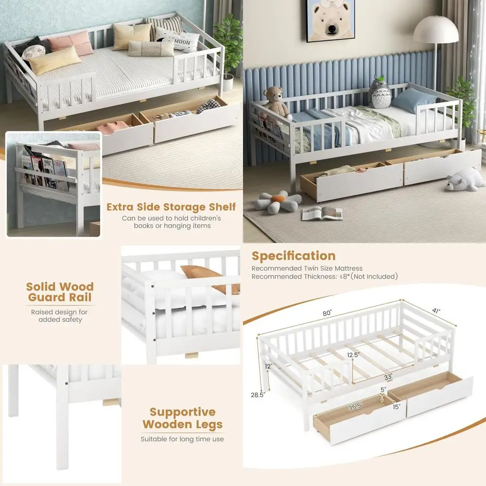 Twin Bed with Side Rails & 2 Drawers, Solid Wood Slats, No Box Spring Needed, Suitable for Kids & Teens (White)
Twin Bed with Side Rails & 2 Drawers, Solid Wood Slats, No Box Spring Needed, Suitable for Kids & Teens (White)