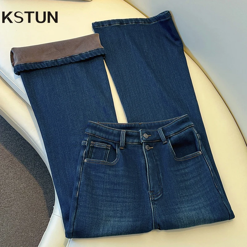 KSTUN Winter Fleece High Wiast Bell-bottom Jeans For Women Dark Blue Double Breasted Flared Pants Thickened Office Lady Trousers
KSTUN Winter Fleece High Wiast Bell-bottom Jeans For Women Dark Blue Double Breasted Flared Pants Thickened Office Lady Trousers