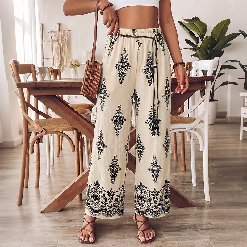 Womens Bohemian Printed High Waist Elastic Wide Leg Pants With Beaded Belt
Womens Bohemian Printed High Waist Elastic Wide Leg Pants With Beaded Belt