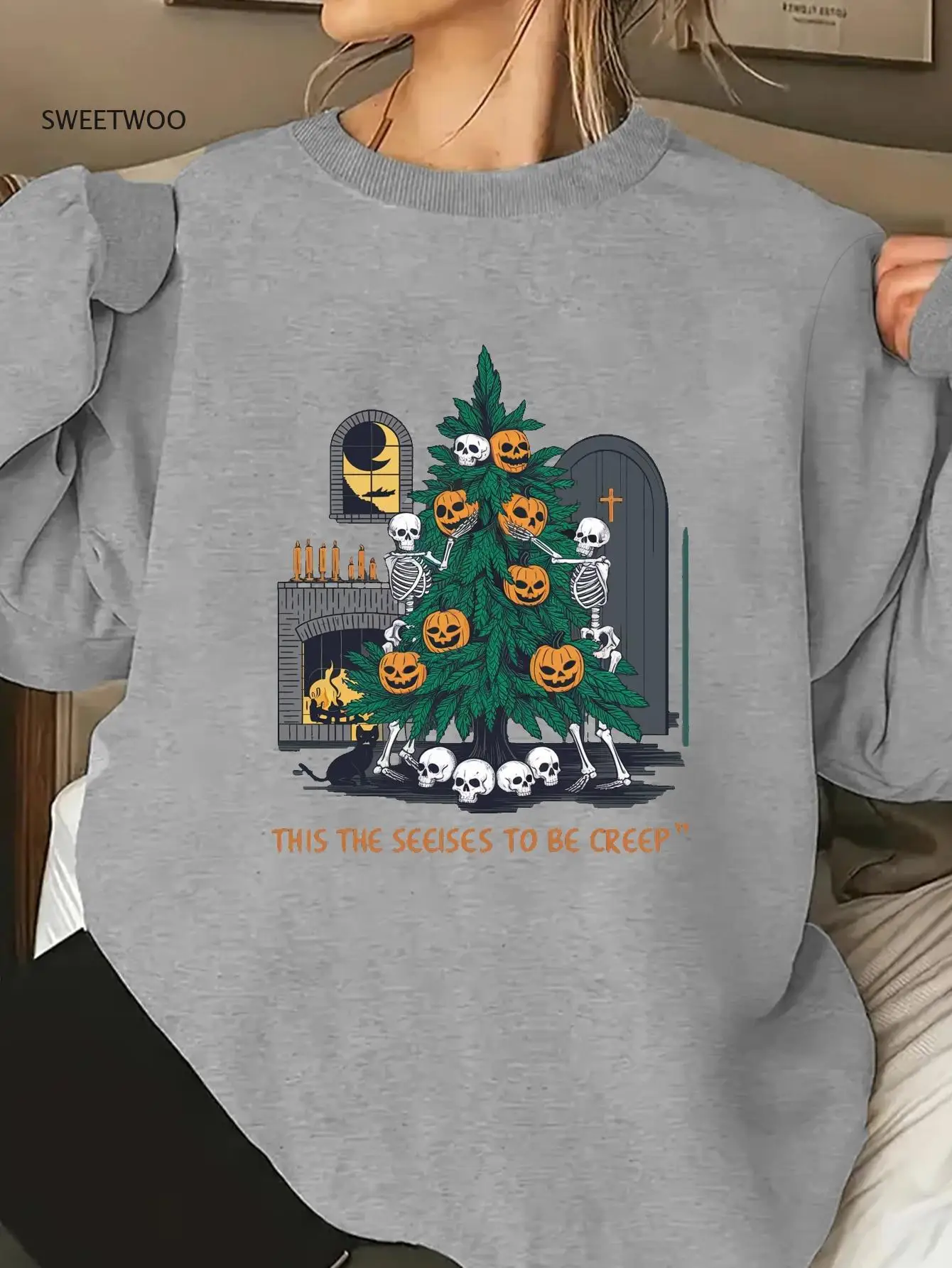Women's Christmas Sweatshirt - Halloween & Christmas Mashup Design with Lanterns, Bats & "this Sesires To Be Creep" Text
Women's Christmas Sweatshirt - Halloween & Christmas Mashup Design with Lanterns, Bats & "this Sesires To Be Creep" Text