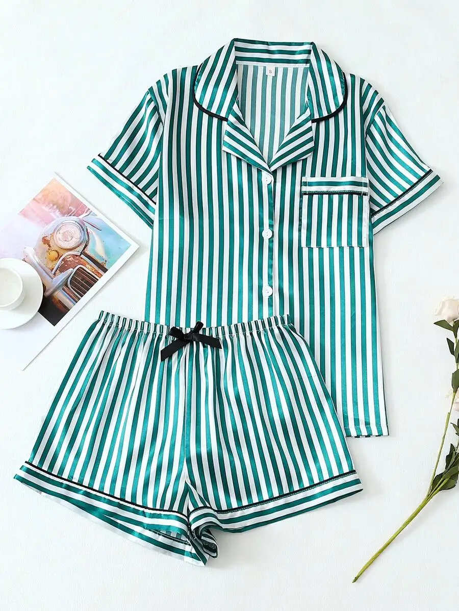 Womens Pink And White Striped Satin Trim Short Sleeve Pajama Set With Bow Tie
Womens Pink And White Striped Satin Trim Short Sleeve Pajama Set With Bow Tie