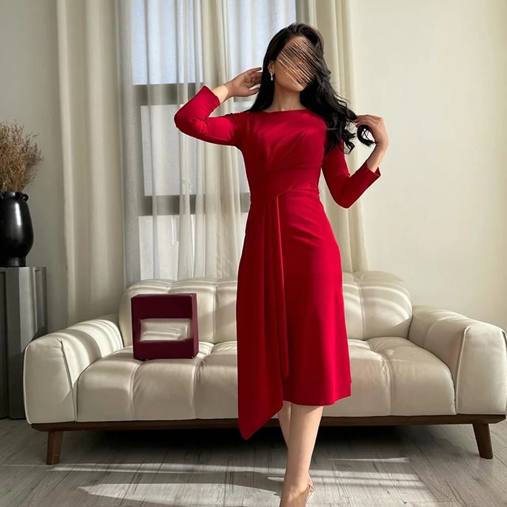 Crew neck Long Sleeves Jersey Straight Tea Length Pleats Zipper Back Solid Color Elegant Evening Dress For Formal Occasions 2024
Crew neck Long Sleeves Jersey Straight Tea Length Pleats Zipper Back Solid Color Elegant Evening Dress For Formal Occasions 2024