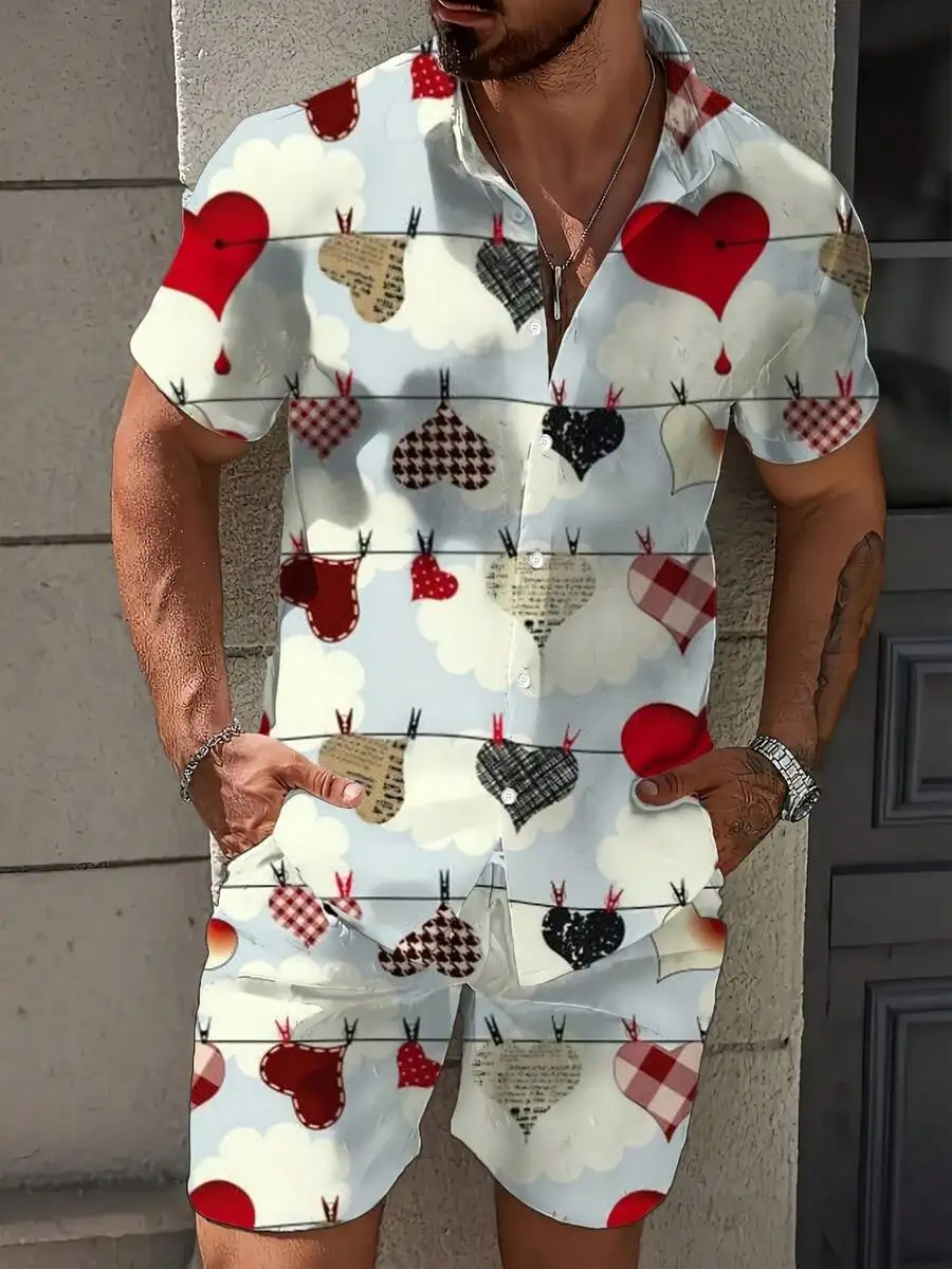 Mens Heart Print Collared Shirt And Shorts Set Lightweight Breathable Polyester Beachwear
Mens Heart Print Collared Shirt And Shorts Set Lightweight Breathable Polyester Beachwear