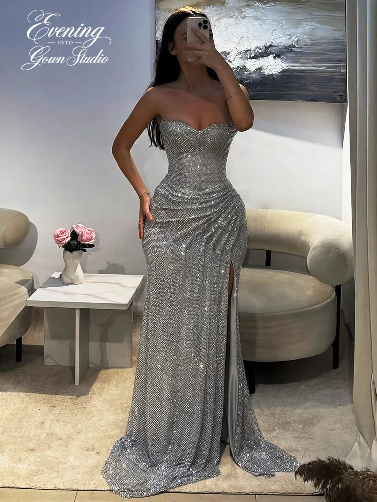 Customized Strapless Side High Split Prom Dresses Glitter Sheath vestidos de noiva Draped Sleeveless Formal Evening 2026
Customized Strapless Side High Split Prom Dresses Glitter Sheath vestidos de noiva Draped Sleeveless Formal Evening 2026