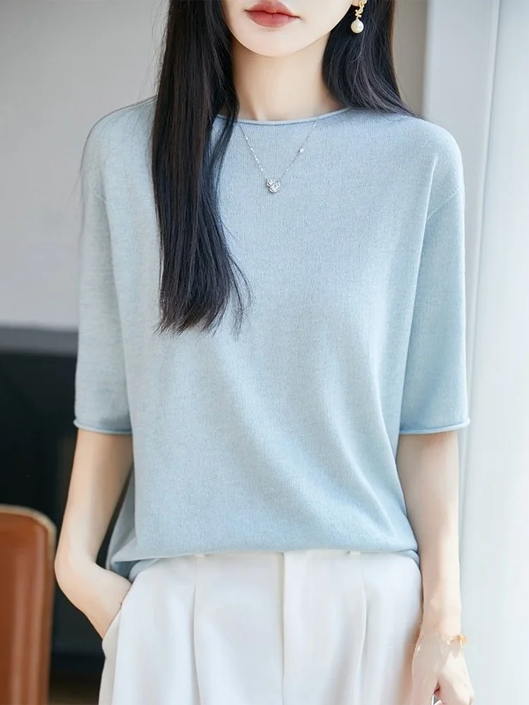 Slimming round Neck Short Sleeve Knitted Top Women's Summer Thin Loose Acetate Pullover Versatile Soft Breathable
Slimming round Neck Short Sleeve Knitted Top Women's Summer Thin Loose Acetate Pullover Versatile Soft Breathable