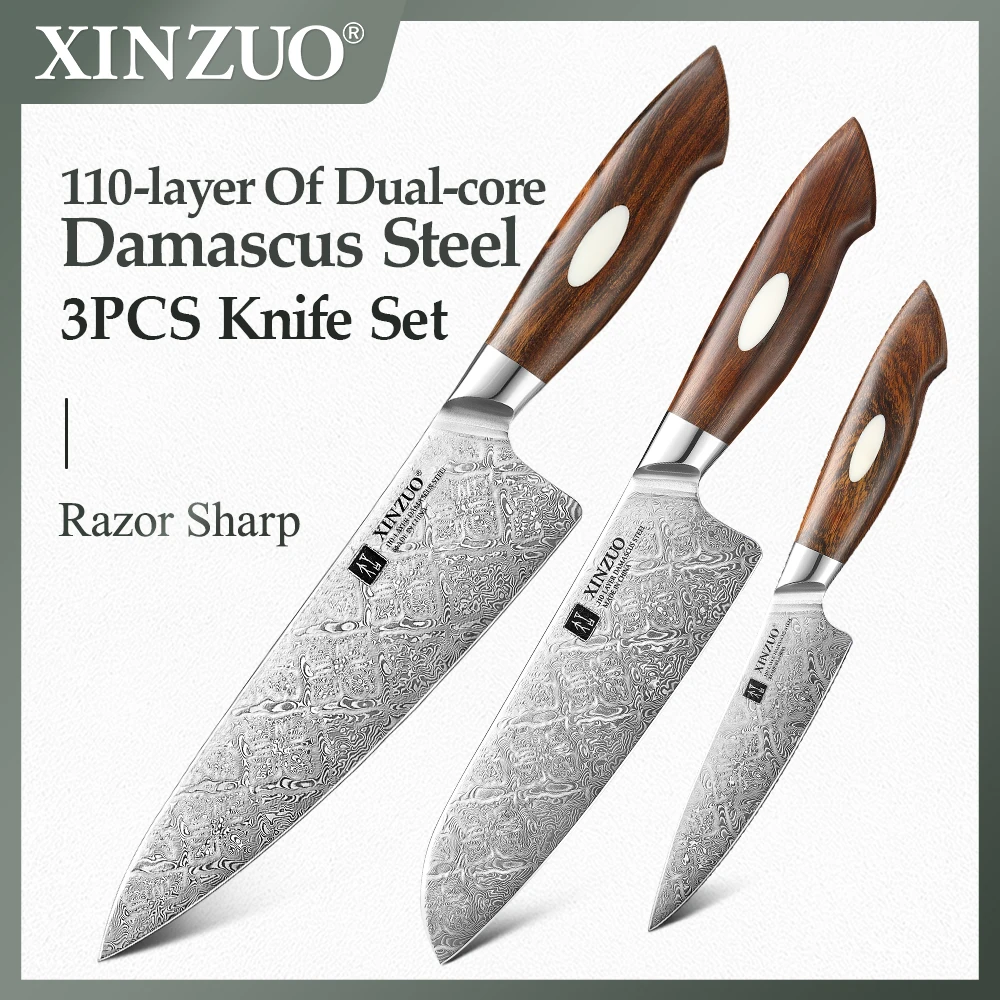 XINZUO 3 PCS Kitchen Knife Set Damascus Steel Chef Utility Santoku Knife 60±2HRC Original Kitchen Multifunctional Knives
XINZUO 3 PCS Kitchen Knife Set Damascus Steel Chef Utility Santoku Knife 60±2HRC Original Kitchen Multifunctional Knives