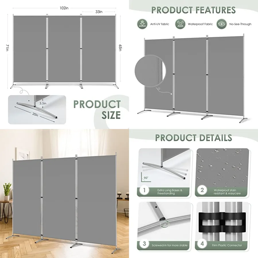 3 Panel Room Divider, 6 Ft Tall Folding Privacy Screen Freestanding Room Partition Wall Dividers, 102''W x 20''D x 71''H,This privacy partition with a steel frame is made of fabric with UV and water resistance properties, and it is sturdy and stable Grey
3 Panel Room Divider, 6 Ft Tall Folding Privacy Screen Freestanding Room Partition Wall Dividers, 102''W x 20''D x 71''H,This privacy partition with a steel frame is made of fabric with UV and water resistance properties, and it is sturdy and stable Grey