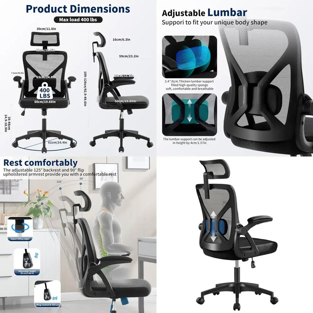 High-Back Mesh Office Chair with Adjustable Lumbar Support and Headrest, Supports Up to 400 lbs (Black)
High-Back Mesh Office Chair with Adjustable Lumbar Support and Headrest, Supports Up to 400 lbs (Black)