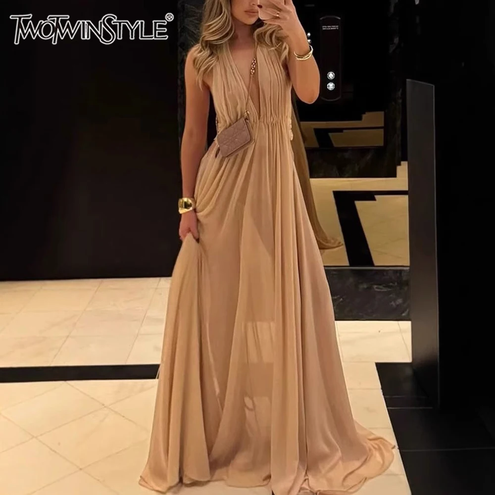 TWOTWINSTYLE Solid Sheer Sexy Dresses for Women V Neck Sleeveless Nackless Patchwork Folds Temperament Dress Female Clothing New
TWOTWINSTYLE Solid Sheer Sexy Dresses for Women V Neck Sleeveless Nackless Patchwork Folds Temperament Dress Female Clothing New