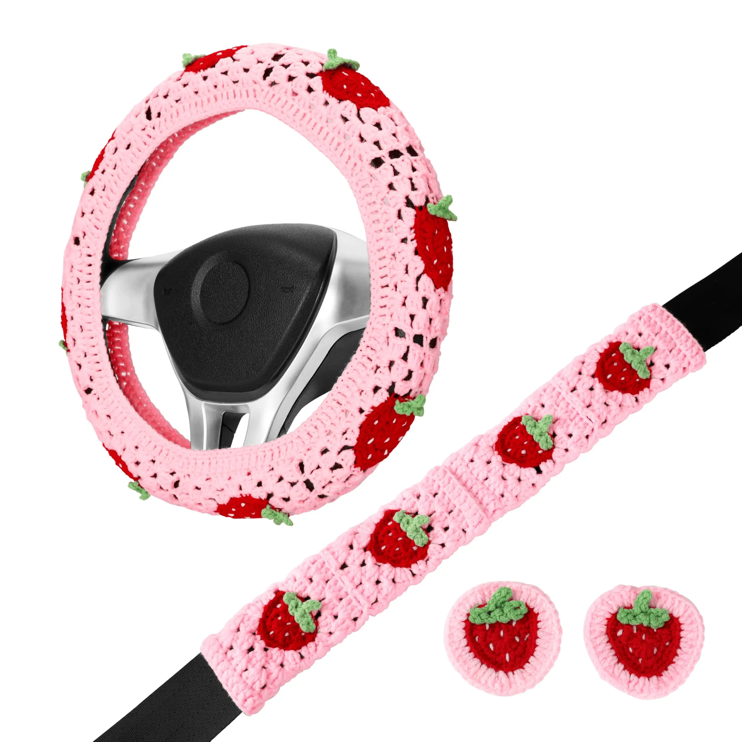Handmade Crochet Steering Wheel And Seatbelt Cover Set With Strawberry Motif, Pink Boho Style For 14-15 Inch Wheels
Handmade Crochet Steering Wheel And Seatbelt Cover Set With Strawberry Motif, Pink Boho Style For 14-15 Inch Wheels