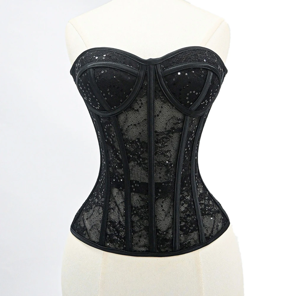 Women Black Sequin Corset Bustiers Strapless With Bra Cup Transparent Mesh Lace-up Boned Bodices Sexy Body Shaper Tops
Women Black Sequin Corset Bustiers Strapless With Bra Cup Transparent Mesh Lace-up Boned Bodices Sexy Body Shaper Tops