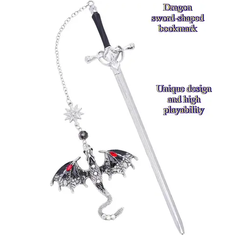 Marque-page épée fantaisie Dragon à la quatrième aile avec pompon vintage et pendentif en métal gris argenté antique