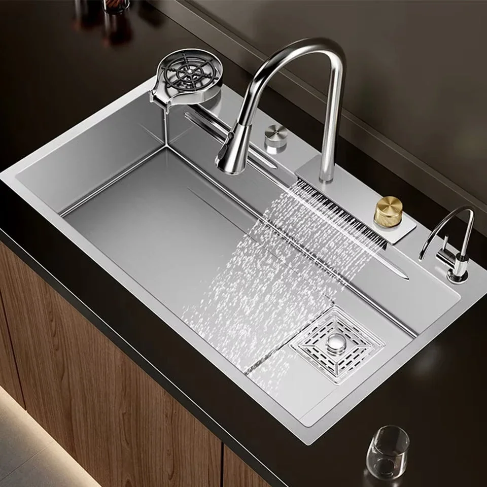 Stainless Steel Multi-Function Kitchen Sink Set Silver Handmade Waterfall Design with Smart Faucet Nano Surface Treatment
Stainless Steel Multi-Function Kitchen Sink Set Silver Handmade Waterfall Design with Smart Faucet Nano Surface Treatment