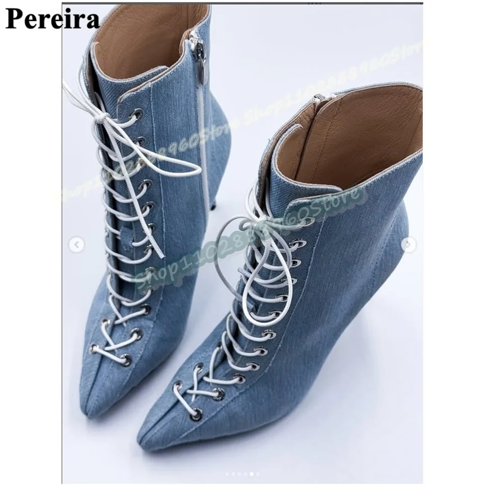 Light Blue Denim Cross Tied Pointy Ankle Boots Stilettos High Heel Shoes For Women Side Zipper Pointed Toe Casual Trending Boots
Light Blue Denim Cross Tied Pointy Ankle Boots Stilettos High Heel Shoes For Women Side Zipper Pointed Toe Casual Trending Boots
