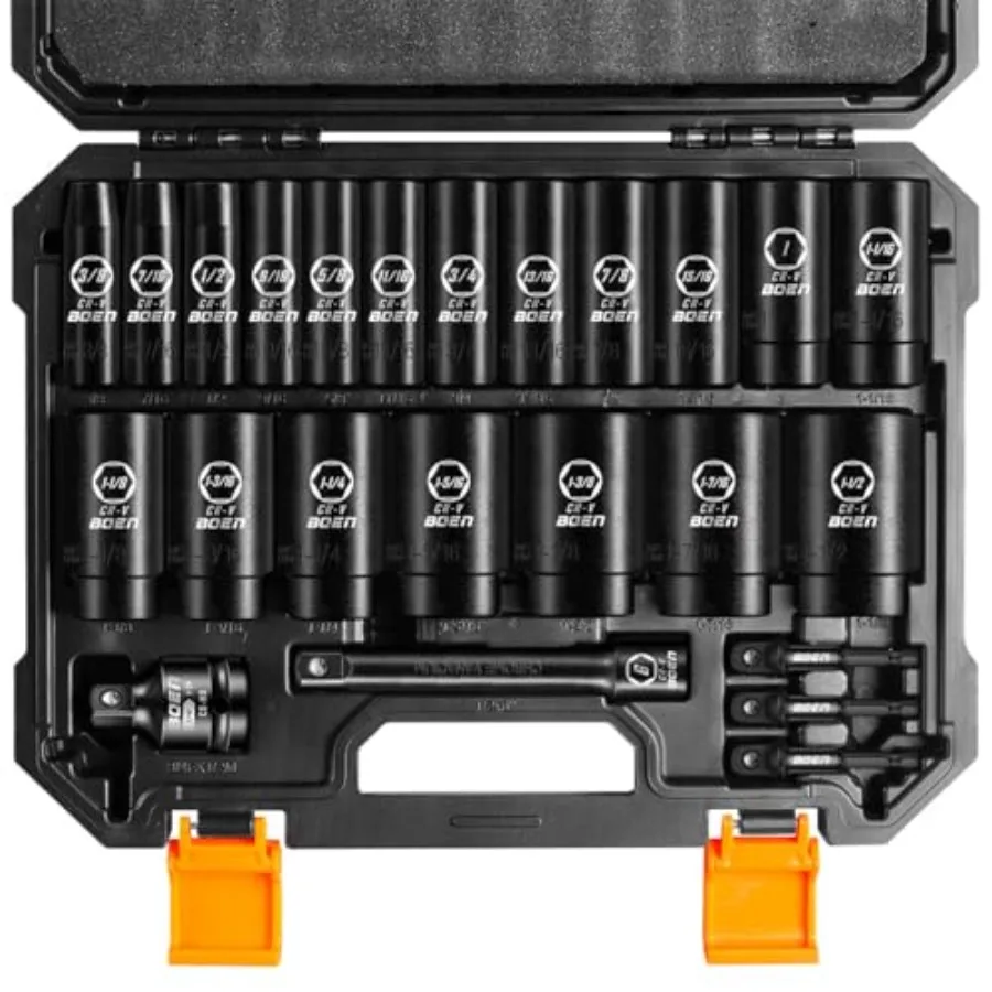 1/2" Drive SAE Impact Socket Set, 3/8" to 1-1/2" Deep Socket, 6-Point Hex Socket with Portable Case, Rugged Construction, CR-V
1/2" Drive SAE Impact Socket Set, 3/8" to 1-1/2" Deep Socket, 6-Point Hex Socket with Portable Case, Rugged Construction, CR-V