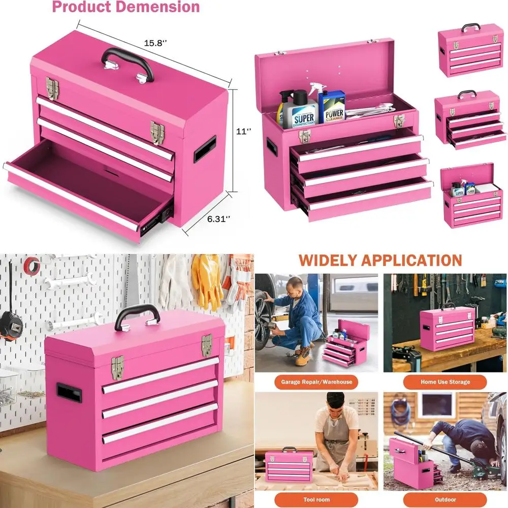 Pink 3-Drawer Steel Tool Chest with Top Tray, Portable Multi-Function Storage for Workshops, Garages, and Home
Pink 3-Drawer Steel Tool Chest with Top Tray, Portable Multi-Function Storage for Workshops, Garages, and Home