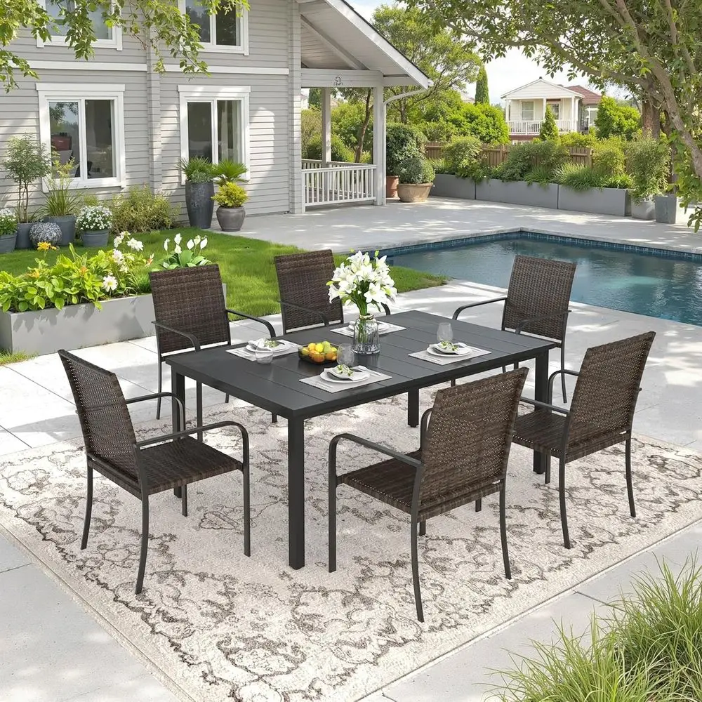 7 Piece Outdoor Dining Set or 6, 63" Black RecMetal Dining Table with Umbrella Hole and Stackable Wicker Patio Chairs, All-Weath
7 Piece Outdoor Dining Set or 6, 63" Black RecMetal Dining Table with Umbrella Hole and Stackable Wicker Patio Chairs, All-Weath