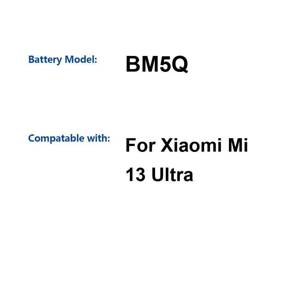 Аккумулятор мобильного телефона высокой совместимости 5000 мАч BM5Q для Xiaomi MI 13 Ultra
Аккумулятор мобильного телефона высокой совместимости 5000 мАч BM5Q для Xiaomi MI 13 Ultra