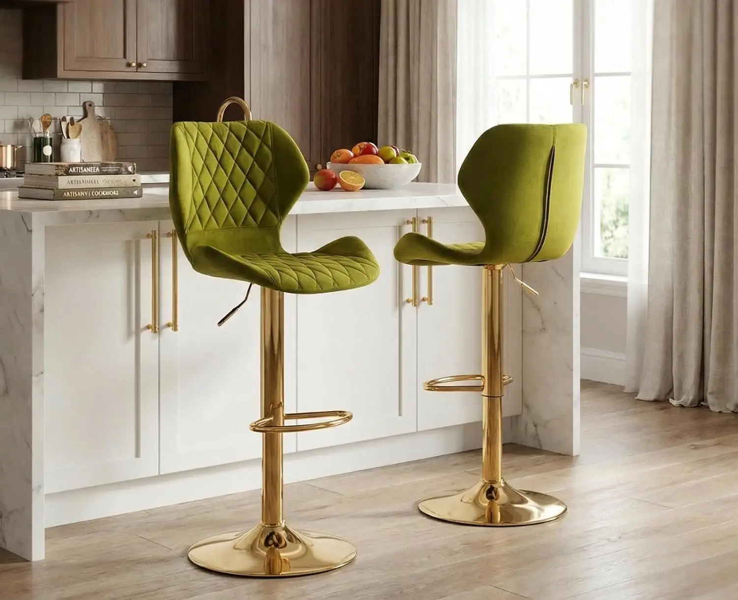 Swivel Adjustable Bar Stools Set of 2 Modern Gold Counter Height Bar Chairs for Kitchen Island Velvet Tall Barstools with Bac
Swivel Adjustable Bar Stools Set of 2 Modern Gold Counter Height Bar Chairs for Kitchen Island Velvet Tall Barstools with Bac