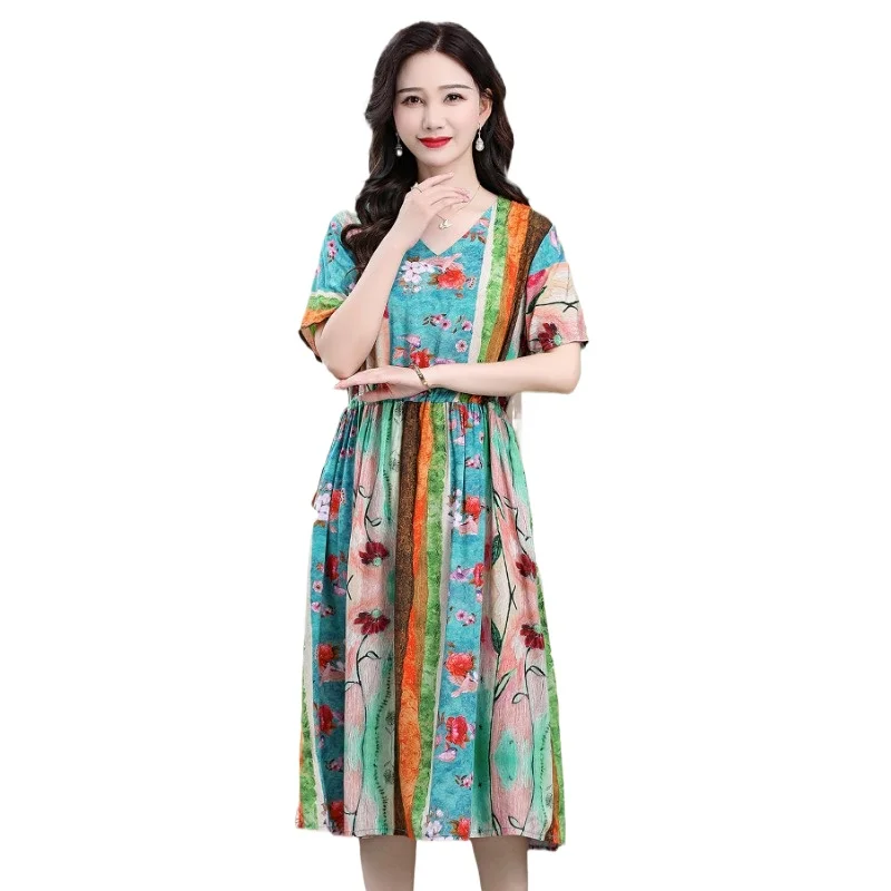 Cotton Silk Floral Dress Women's New Summer Temperament V-neck Waist Slimming Large Size Rayon Cotton Long Skirt Cool Nightgowns
Cotton Silk Floral Dress Women's New Summer Temperament V-neck Waist Slimming Large Size Rayon Cotton Long Skirt Cool Nightgowns