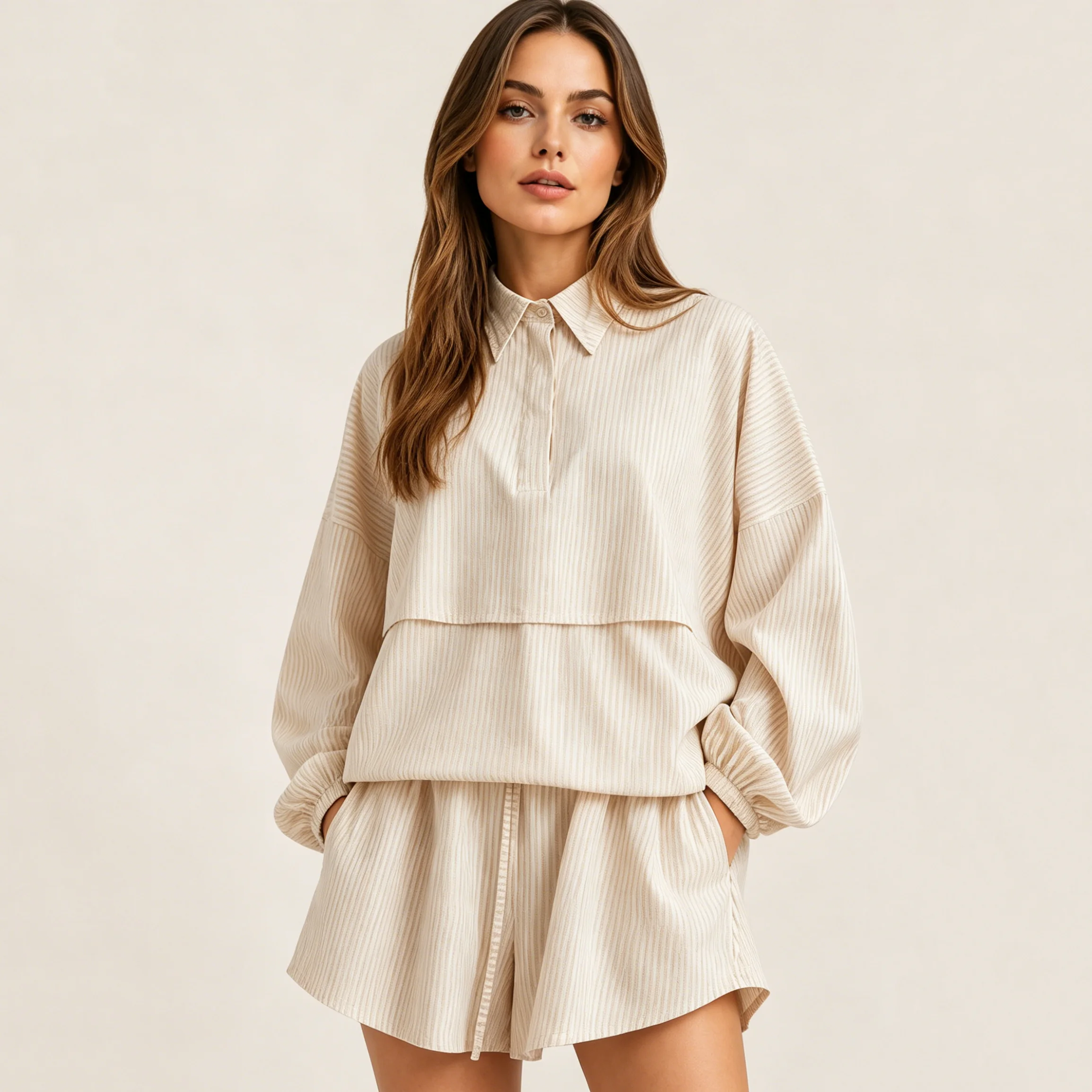 CiCi Striped Two Piece Outfit Set Lapel Half Placket Drop Shoulder Lantern Sleeve Top Drawstring Waist Shorts
CiCi Striped Two Piece Outfit Set Lapel Half Placket Drop Shoulder Lantern Sleeve Top Drawstring Waist Shorts