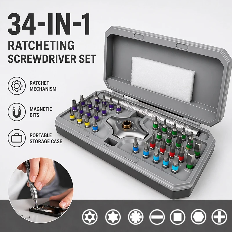 34-in-1 Ratchet Screwdriver Set with Alloy Steel Bits & Magnetic Handle Multifunctional Professional for Home Appliance Repair
34-in-1 Ratchet Screwdriver Set with Alloy Steel Bits & Magnetic Handle Multifunctional Professional for Home Appliance Repair