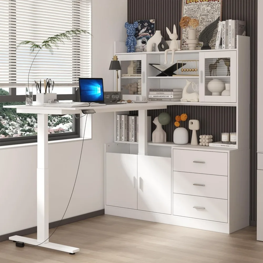 Adjustable Height Electric Standing Desk with Bookshelf, L-Shaped Glass Door Computer Desk featuring Open Counter and Drawers 
Adjustable Height Electric Standing Desk with Bookshelf, L-Shaped Glass Door Computer Desk featuring Open Counter and Drawers