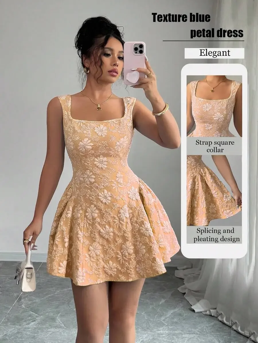 Elegant Floral Pattern Sleeveless Square Neck A-Line Flared Mini Dress For Women
Elegant Floral Pattern Sleeveless Square Neck A-Line Flared Mini Dress For Women