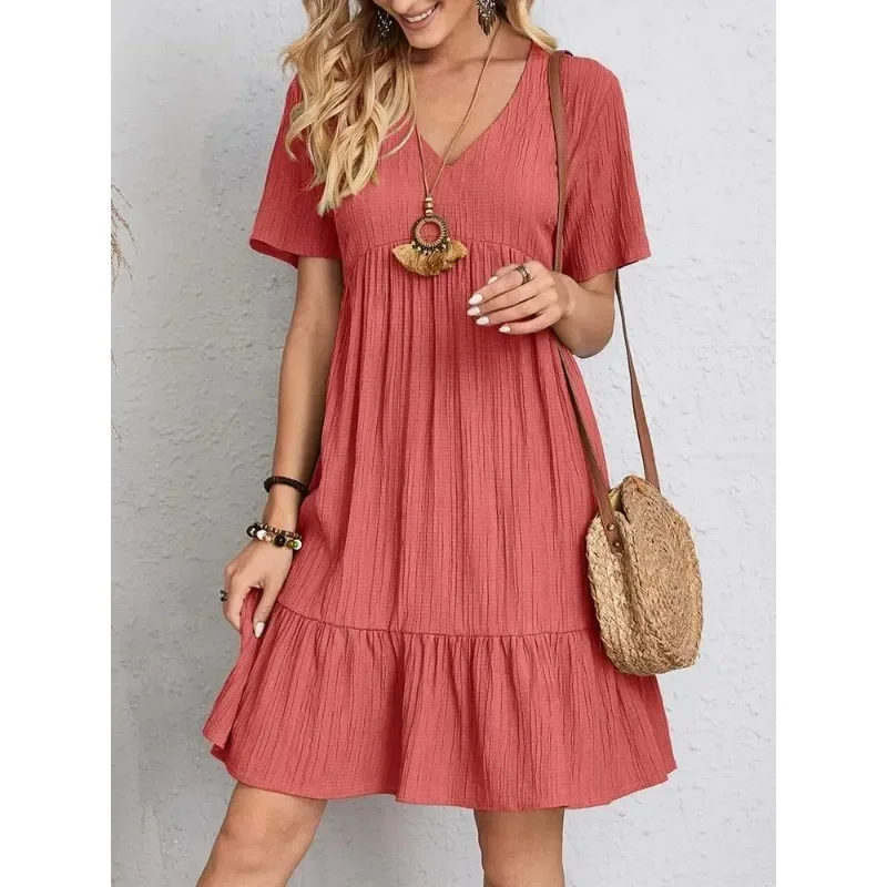 Elegant Solid V Neck A Line Dress 2024 New Summer Ruffles Loose Mini Dress Casual Short Sleeve Beach Party Vestidos Streetwear
Elegant Solid V Neck A Line Dress 2024 New Summer Ruffles Loose Mini Dress Casual Short Sleeve Beach Party Vestidos Streetwear