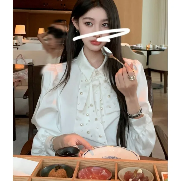 Ele White Beaded Knot irt Women's Diamond Embedded OL Slimming Top Trendy Long Sve Polyester Fiber
Ele White Beaded Knot irt Women's Diamond Embedded OL Slimming Top Trendy Long Sve Polyester Fiber