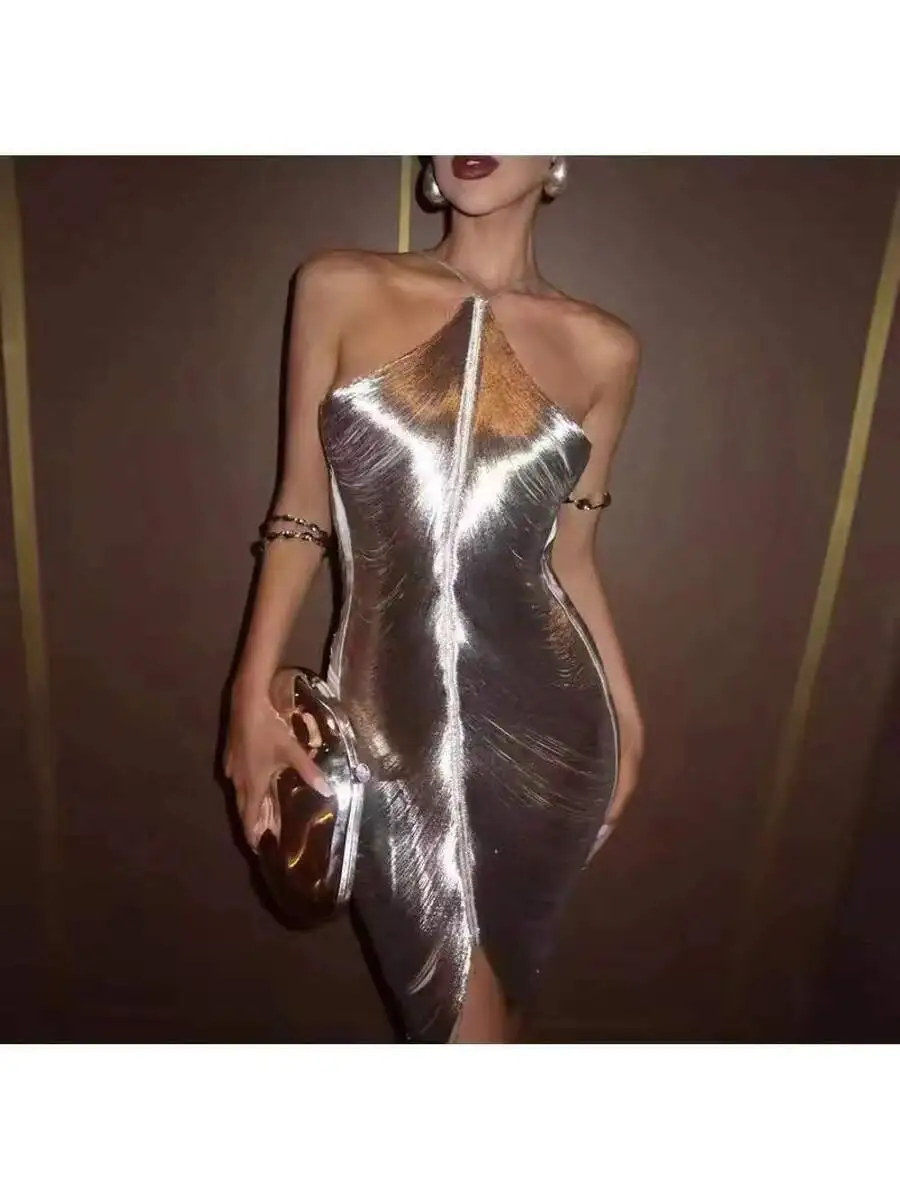 Metallic Halter Backless Dress With Tassel Detail Spring Summer Evening Wear
Metallic Halter Backless Dress With Tassel Detail Spring Summer Evening Wear