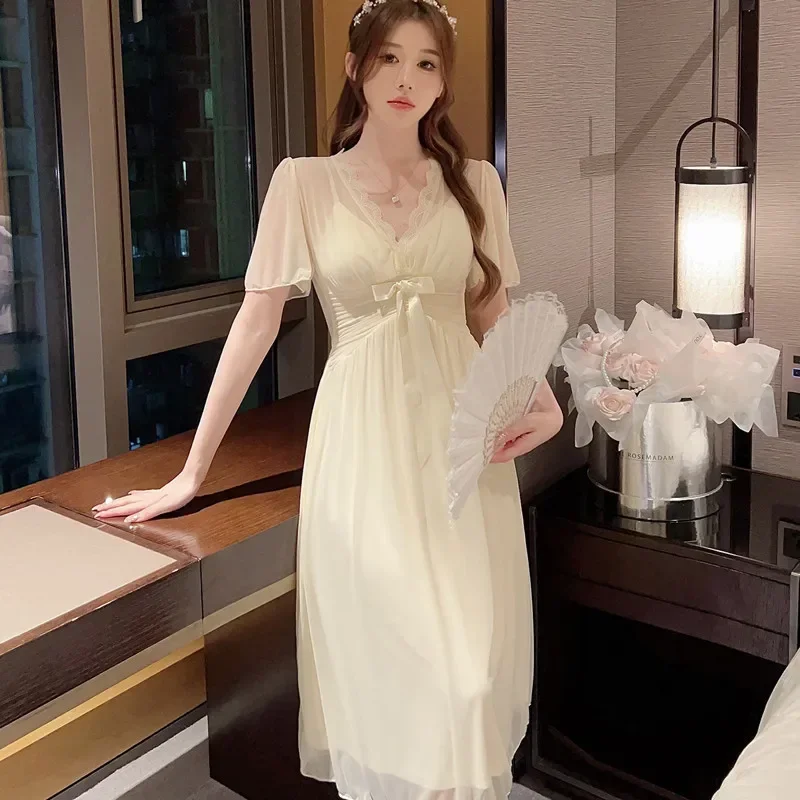 Sweet Cute Solid Color Nightdress Summer Women Lace Fairy Night Dress Princess Sleepwear Nightwear Sexy Mesh V Neck Nightgown
Sweet Cute Solid Color Nightdress Summer Women Lace Fairy Night Dress Princess Sleepwear Nightwear Sexy Mesh V Neck Nightgown