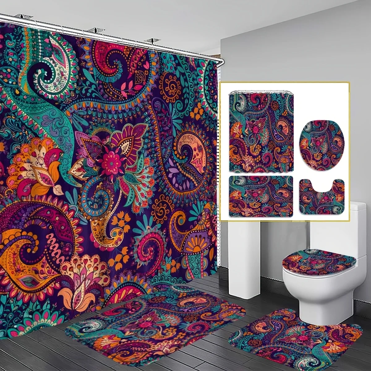 Bohemian Paisley Shower Curtain set Purple Multicolor for Bathroom with Mat Rug Toilet Hooks
Bohemian Paisley Shower Curtain set Purple Multicolor for Bathroom with Mat Rug Toilet Hooks