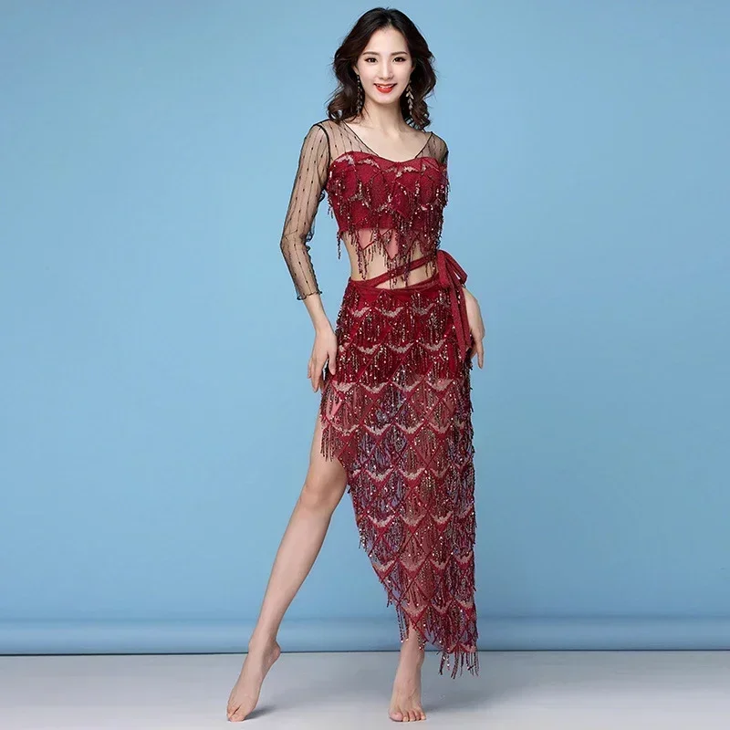 New Fashion Women Belly Dance Clothes Stretchy Mesh Sparkling Sequins Over-Skirt Fringes Hip Scarf Costume Set 2pcs Top & Belt
New Fashion Women Belly Dance Clothes Stretchy Mesh Sparkling Sequins Over-Skirt Fringes Hip Scarf Costume Set 2pcs Top & Belt