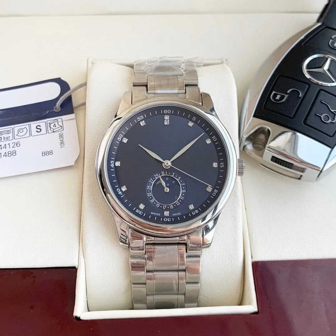 Silver-Tone Steel Bracelet Watch with Blue Dial, Diamond Accents & Moon Phase Display
Silver-Tone Steel Bracelet Watch with Blue Dial, Diamond Accents & Moon Phase Display