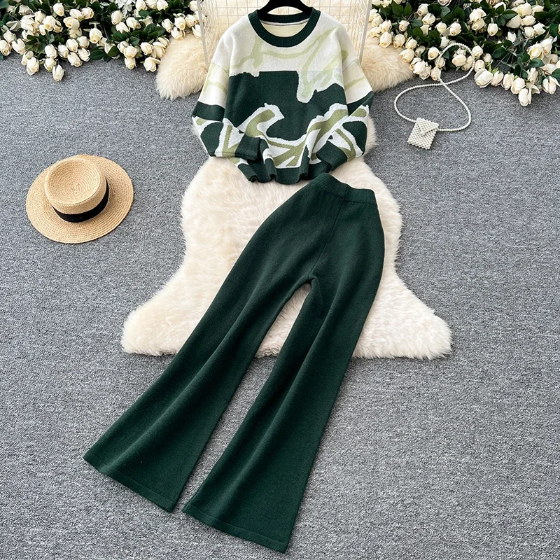 Women O-neck Long Sleeve Sweater Pullover and High Waist Wide Leg Pants Knit Casual Chic Jacquard Suit Two-piece Set New
Women O-neck Long Sleeve Sweater Pullover and High Waist Wide Leg Pants Knit Casual Chic Jacquard Suit Two-piece Set New